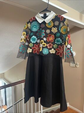 Black Dress with Multicolor Floral Embroidered Bodice and White Collar